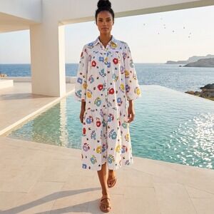 Models Coat Vintage Floral Button Front Midi Dress White Multi Color Tiered L